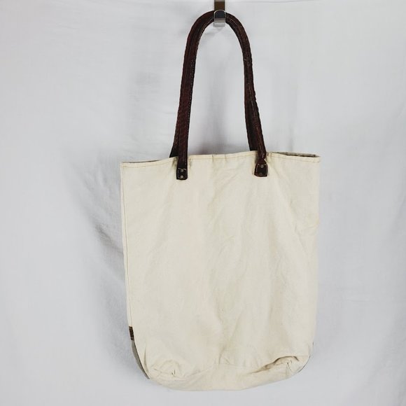 Upcycled Canvas and Leather Tote Bag Hand Made Typography - Picture 3 of 5